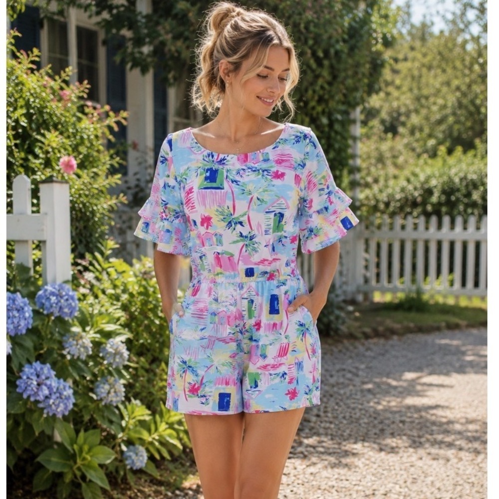 Aryeh Romper Beach Pink Blue Tropical Ruffle‎ Sleeve XL BEACH coastal cowboy